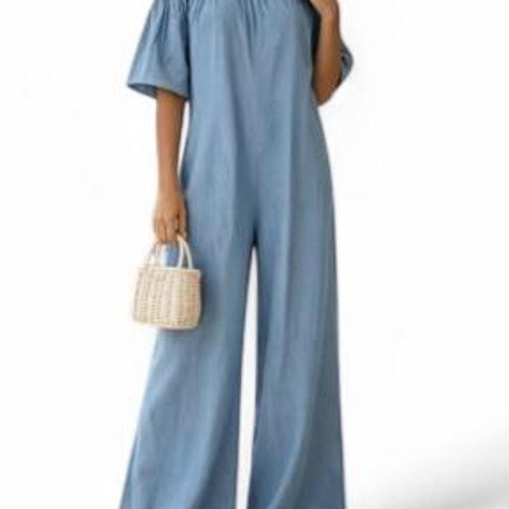 UOOZEE Loose Short Sleeve Off Shoulder Pleated Off Shoulder Wide Leg Jumpsuit